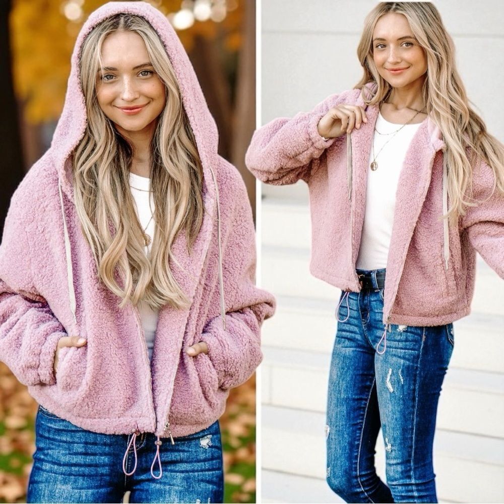 Dusty Pink Sherpa Drawstring Cropped Hooded Jacket Large NWT - And The Why - Picture 1 of 17